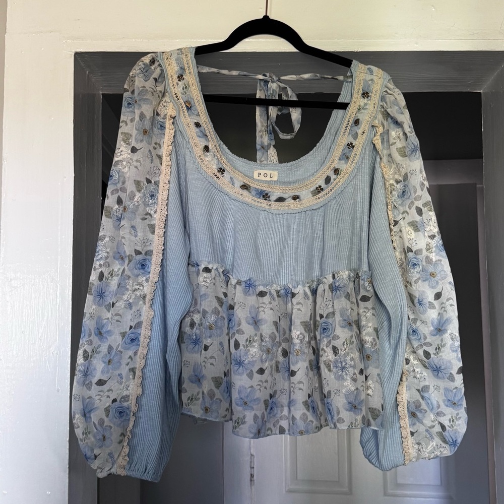 Womens Pol Powder Blue Floral Blouse L - Picture 10 of 16